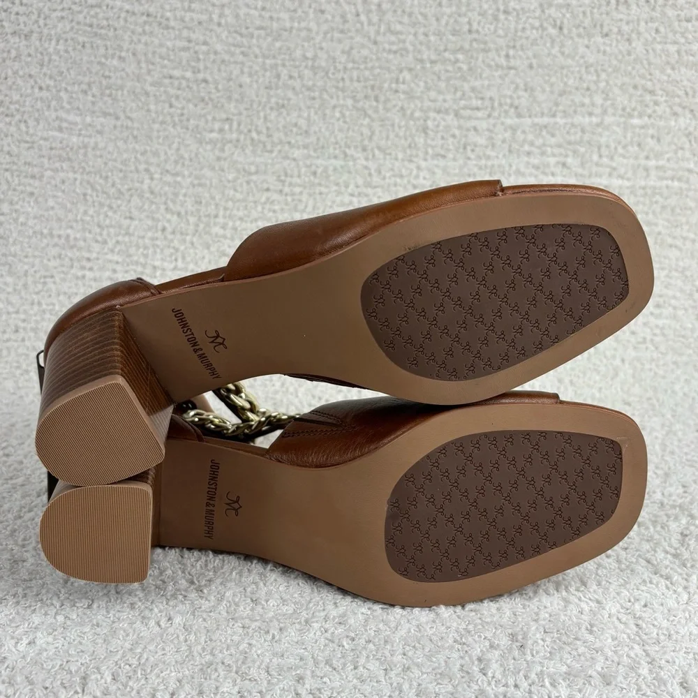 Johnston & Murphy Sandals Womens 9M Cognac Calfskin Evelyn Chain‎ Heeled Sandal